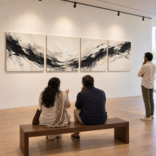 Visitors viewing The Ivory Current, displayed as a four-panel composition on a light gallery wall.