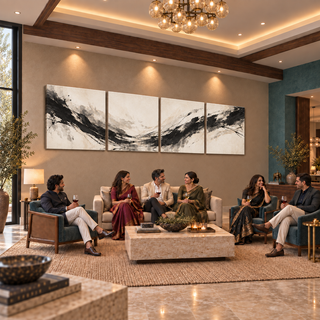 The Ivory Current four-panel canvas set above a seating area with six adults chatting in a styled luxury living room.