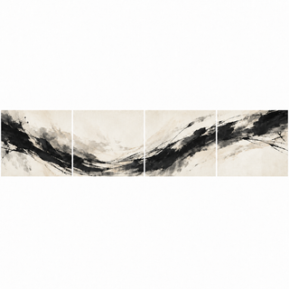 The Ivory Current, showing continuous sweeping black strokes and smoky grey washes on a pale ivory ground across four panels on a white presentation background.