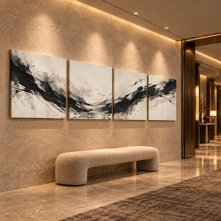 The Ivory Current four-panel canvas set displayed above a cream bench in a warmly lit stone hotel hallway.