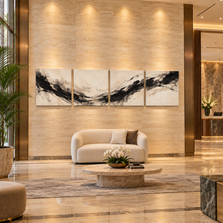 The Ivory Current four-panel canvas set above a compact cream settee in a stone-and-bronze hotel lobby.