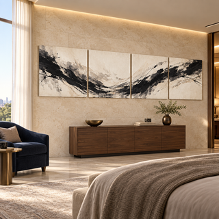 The Ivory Current displayed across four canvas panels above a walnut credenza in a styled hotel suite.