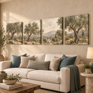 The Travertine Grove: Right-angled display with printed canvas sides.