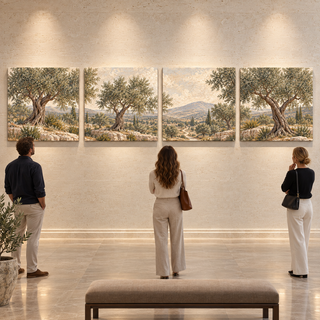The Travertine Grove: Four-panel canvas set displayed in an art gallery.
