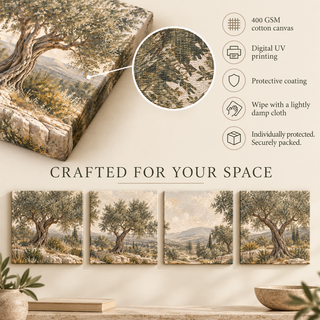 The Travertine Grove: Canvas guide showing material, printed sides, care and secure packaging.
