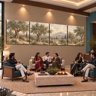 The Travertine Grove: Four-panel canvas set in a styled living room with adults socialising.