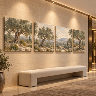 The Travertine Grove: Four-panel canvas set in a hotel hallway.