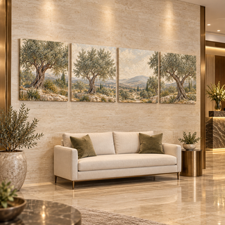 The Travertine Grove: Four-panel canvas set in a hotel lobby.