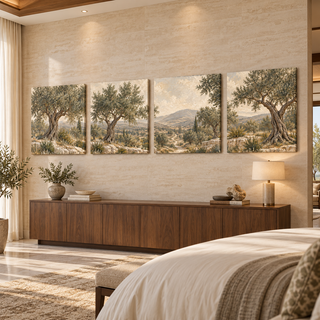 The Travertine Grove: Four-panel canvas set in a spacious hotel suite.