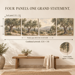 The Travertine Grove: Size guide showing four 36-inch square panels and 144-inch combined artwork width excluding gaps.