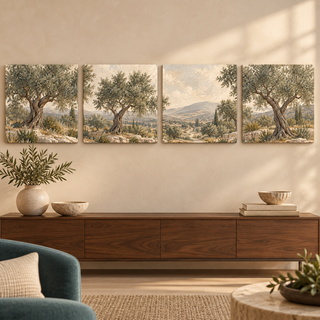 The Travertine Grove: Straight view of four square canvas panels.