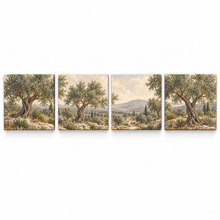 The Travertine Grove: Four square canvas panels on a white background.