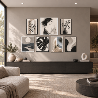 The Monochrome Muse seven-piece black and ivory gallery wall above a dark wood console