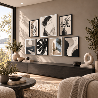 Angled living-room view of the black and ivory box-framed canvas collection