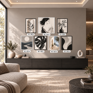 Size guide for The Monochrome Muse seven-piece box-framed canvas set