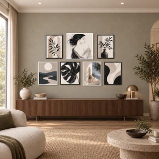 Monochrome portrait, botanical and abstract wall art styled in a warm contemporary interior