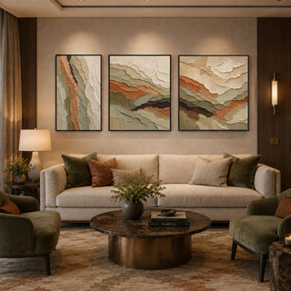 Black box framed 3D relief textured canvas set of 3 in a panelled lounge