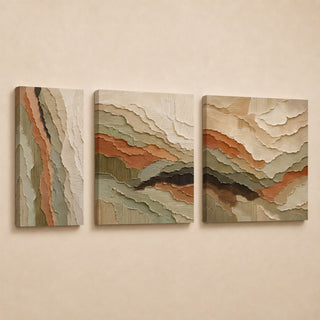3D relief textured canvas set of 3 in gallery wrap, terracotta and sage strata