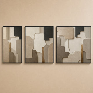 Architectural stone relief canvas set of 3 in black box frames