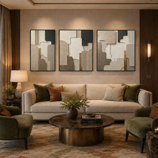 Black box framed sculpted stone relief canvas set of 3 in a panelled lounge