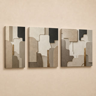 Architectural stone relief canvas triptych in gallery wrap, bronze inlay