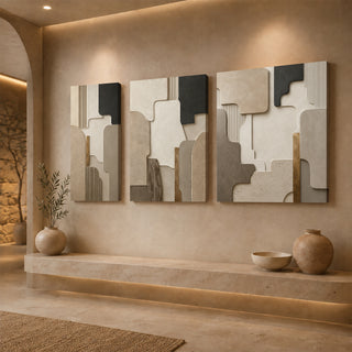 Gallery wrap stone relief canvas set above a stone ledge