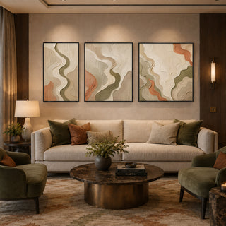 Black box framed olive and rust relief canvas set of 3 in a panelled lounge