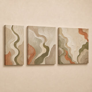 Flowing ribbon relief canvas triptych in gallery wrap, olive cream and rust