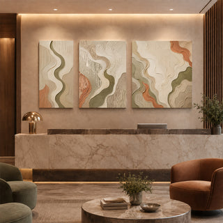 Olive current relief textured canvas set of 3 in a marble reception lobby