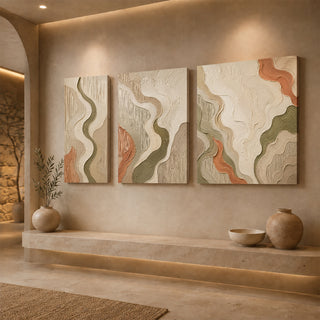 Gallery wrap flowing relief canvas set above a stone ledge