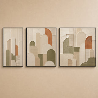 Arched abstract relief canvas set of 3 in black box frames