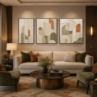 Black box framed arched abstract relief canvas set of 3 in a panelled lounge