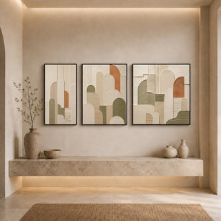 Black box framed abstract relief canvas set above a stone ledge