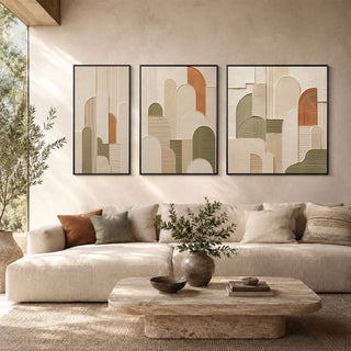 Framed 3D relief abstract wall art in a sunlit living room