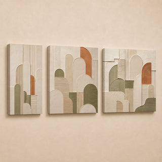 Arched abstract relief canvas triptych in gallery wrap, cream sage and rust