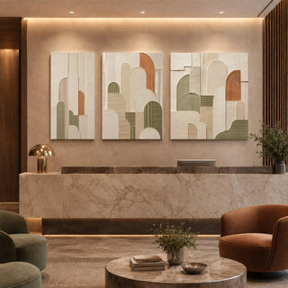Abstract arch relief textured canvas set of 3 in a marble reception lobby