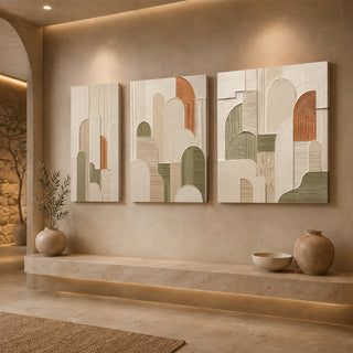 Gallery wrap arched abstract relief canvas set above a stone ledge