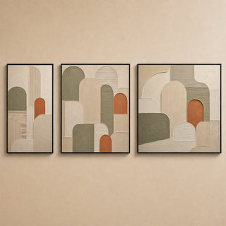 Olive and terracotta abstract relief canvas set of 3 in black box frames