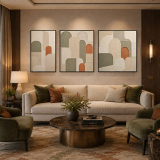 Black box framed olive arch abstract relief canvas set of 3 in a panelled lounge