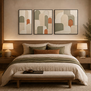 Framed abstract relief wall art above a bed in a warm bedroom