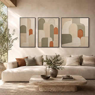 Framed 3D relief abstract wall art in a sunlit living room