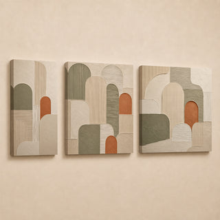 Abstract arch relief canvas triptych in gallery wrap, olive cream and terracotta