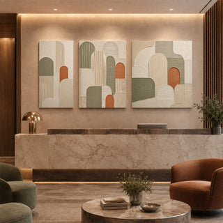 Olive arch abstract relief canvas set of 3 in a marble reception lobby