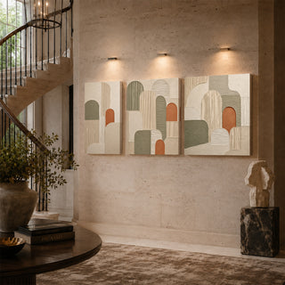 Abstract arch relief canvas triptych on a stairwell wall
