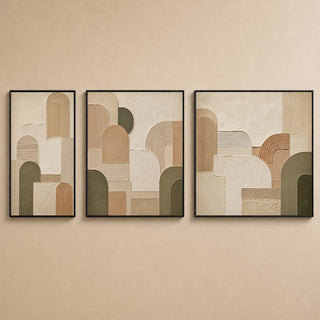 Geometric abstract relief canvas set of 3 in black box frames