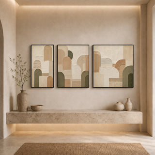 Black box framed abstract relief canvas set above a stone ledge