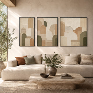 Framed 3D relief abstract wall art in a sunlit living room