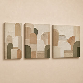 Geometric abstract relief canvas triptych in gallery wrap, cream sage and tan
