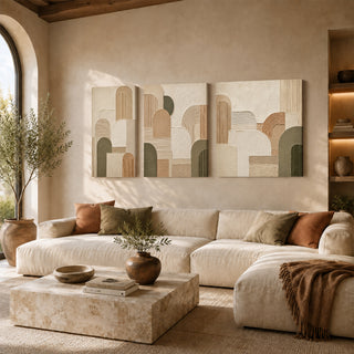 Geometric abstract 3D relief textured canvas print set of 3 in cream and sage