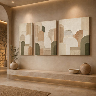 Gallery wrap geometric abstract relief canvas above a stone ledge